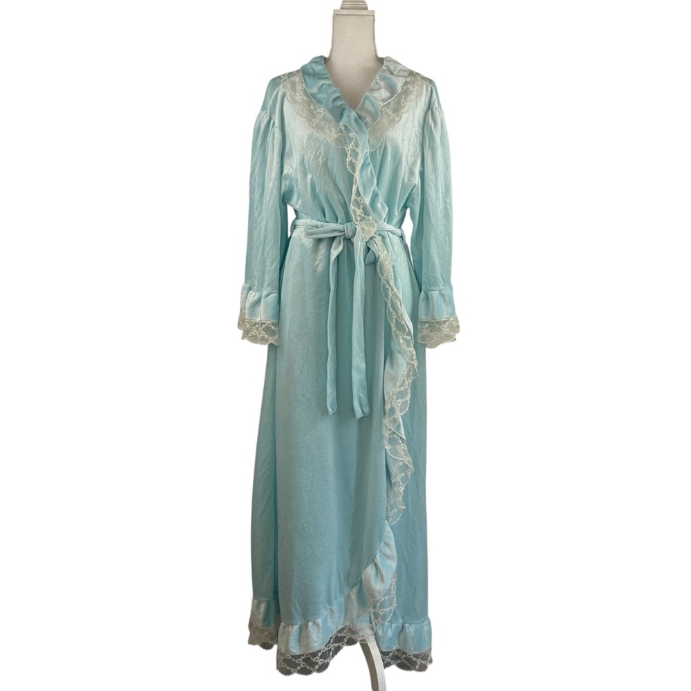 VTG Brownstone Studio NY Blue Lace Trim Velvet Velour Robe Hollywood Bridal XL